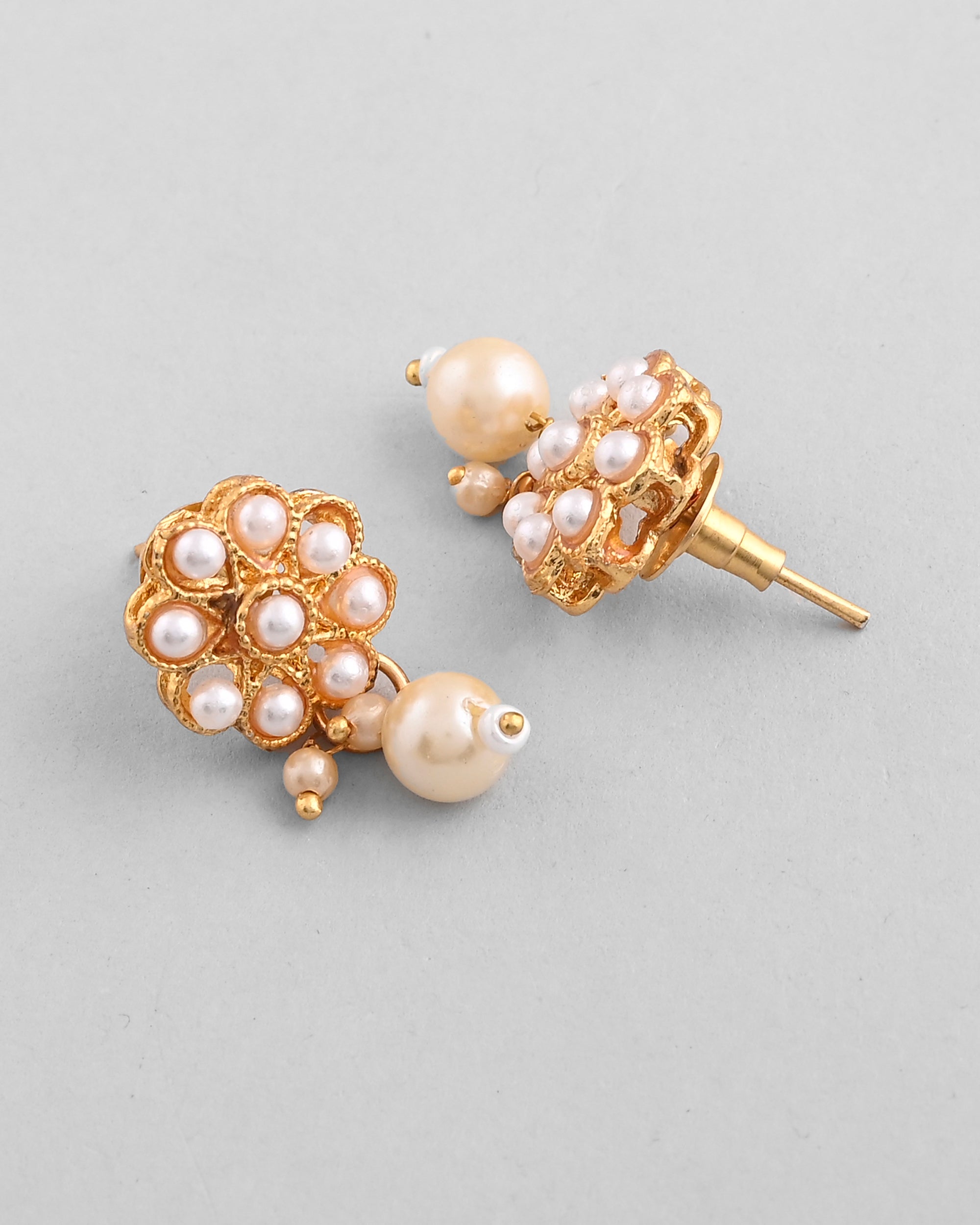 VOJ Gold-Polished Pearl Studded Floral Necklace And Earrings