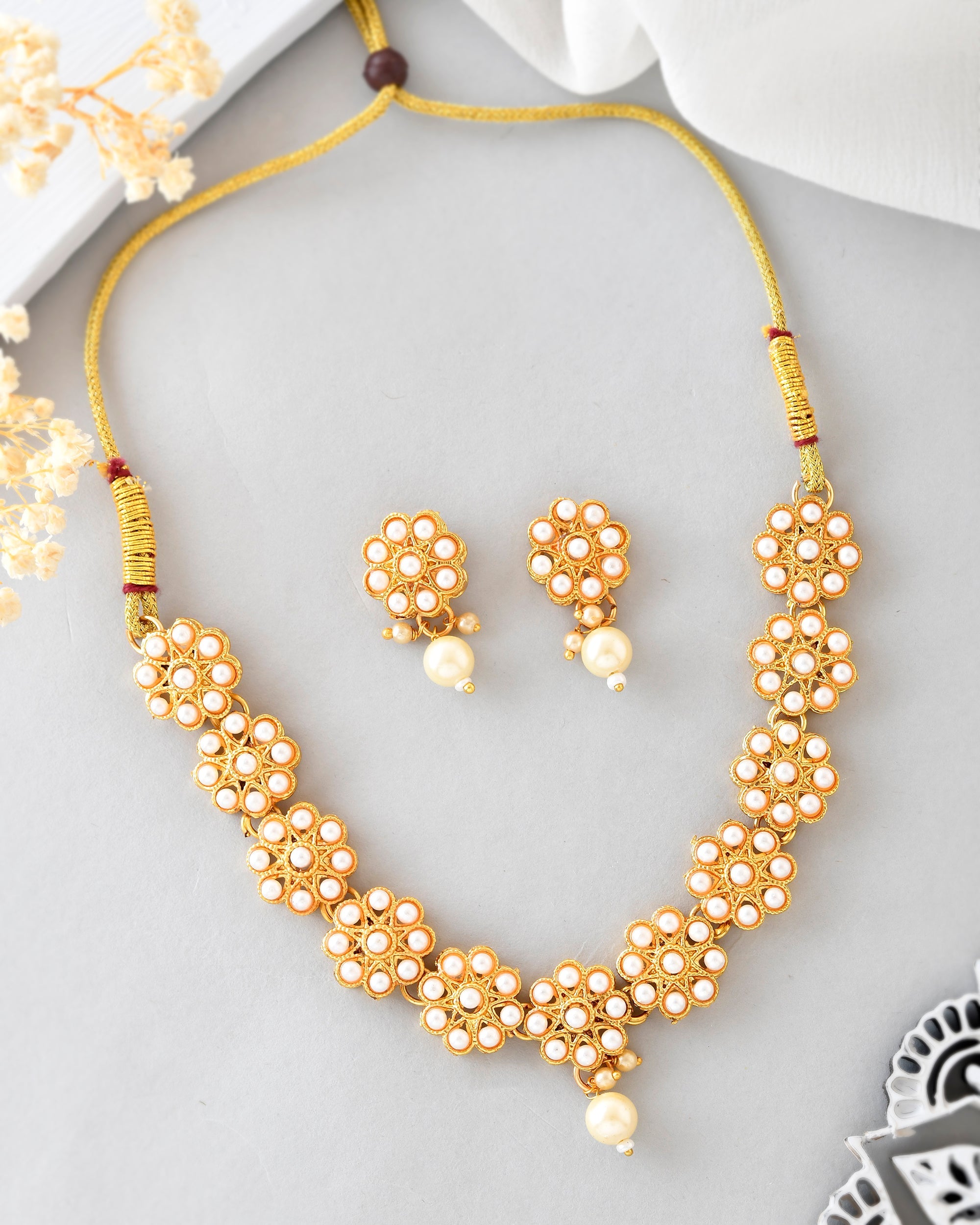 VOJ Gold-Polished Pearl Studded Floral Necklace And Earrings