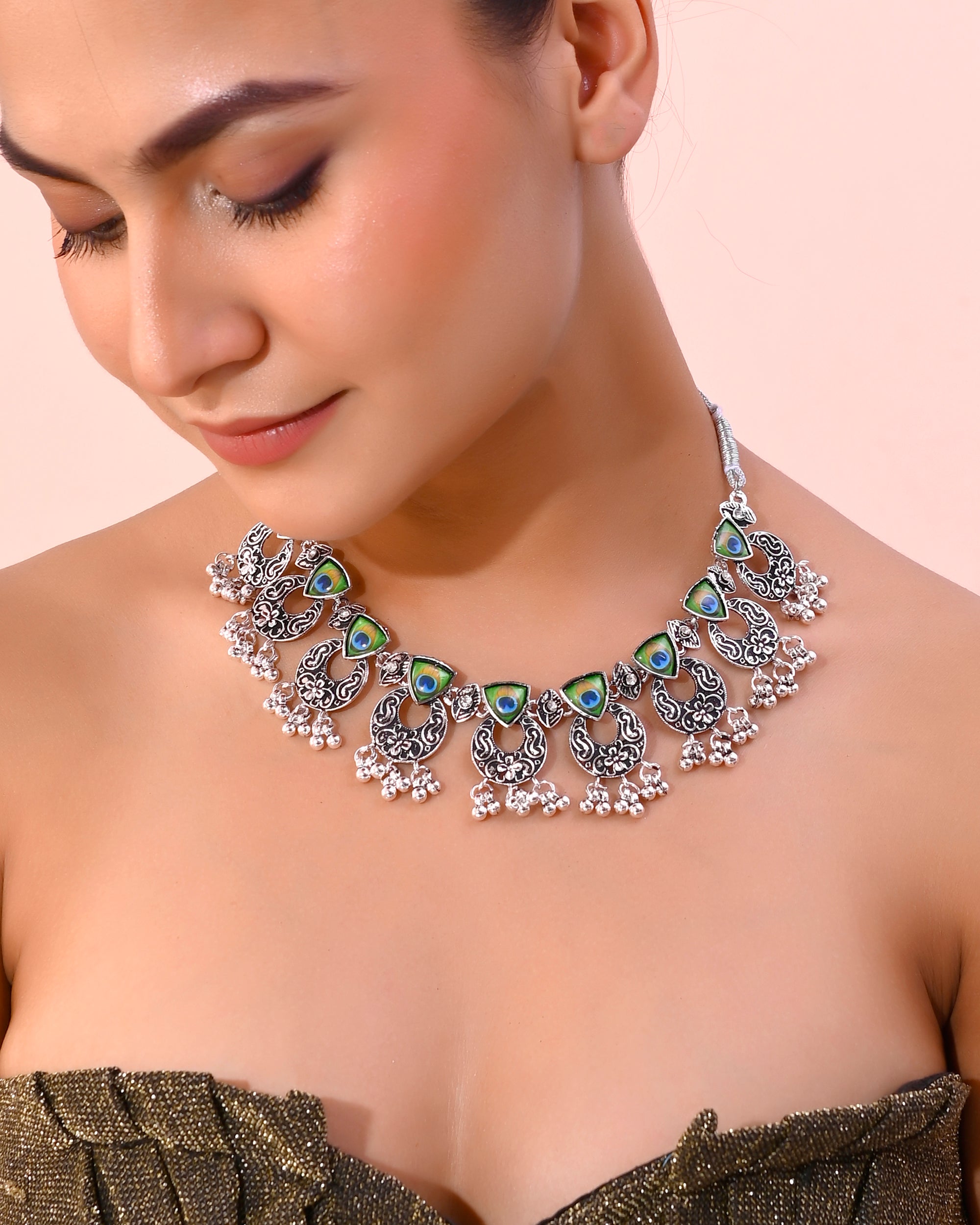 VOJ Silver Plated Peacock Contemporary Choker And Earrings