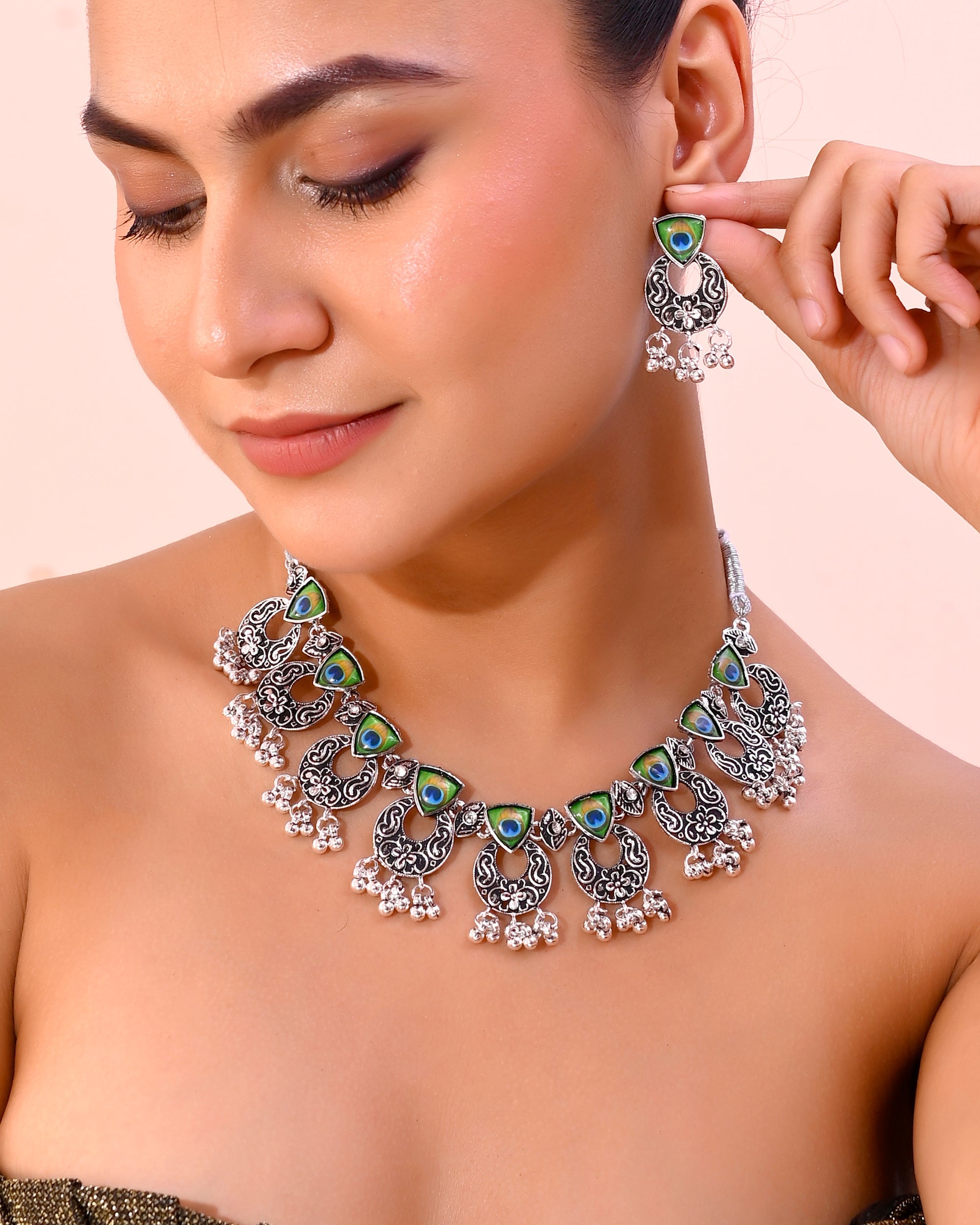 VOJ Silver Plated Peacock Contemporary Choker And Earrings