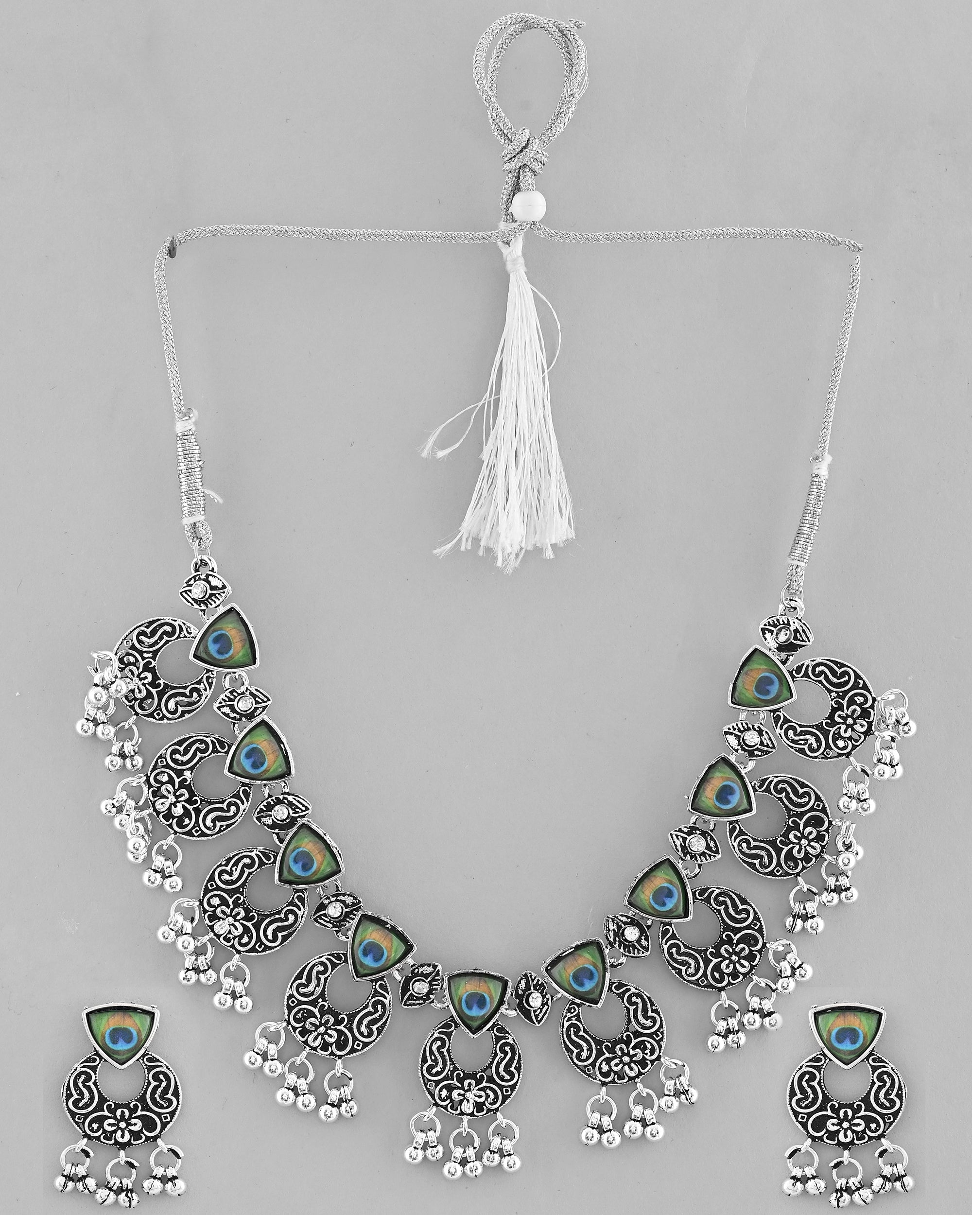 VOJ Silver Plated Peacock Contemporary Choker And Earrings