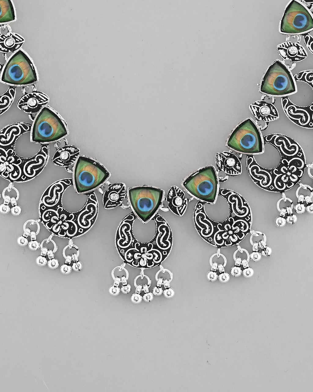 VOJ Silver Plated Peacock Contemporary Choker And Earrings