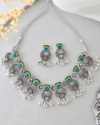 VOJ Silver Plated Peacock Contemporary Choker And Earrings