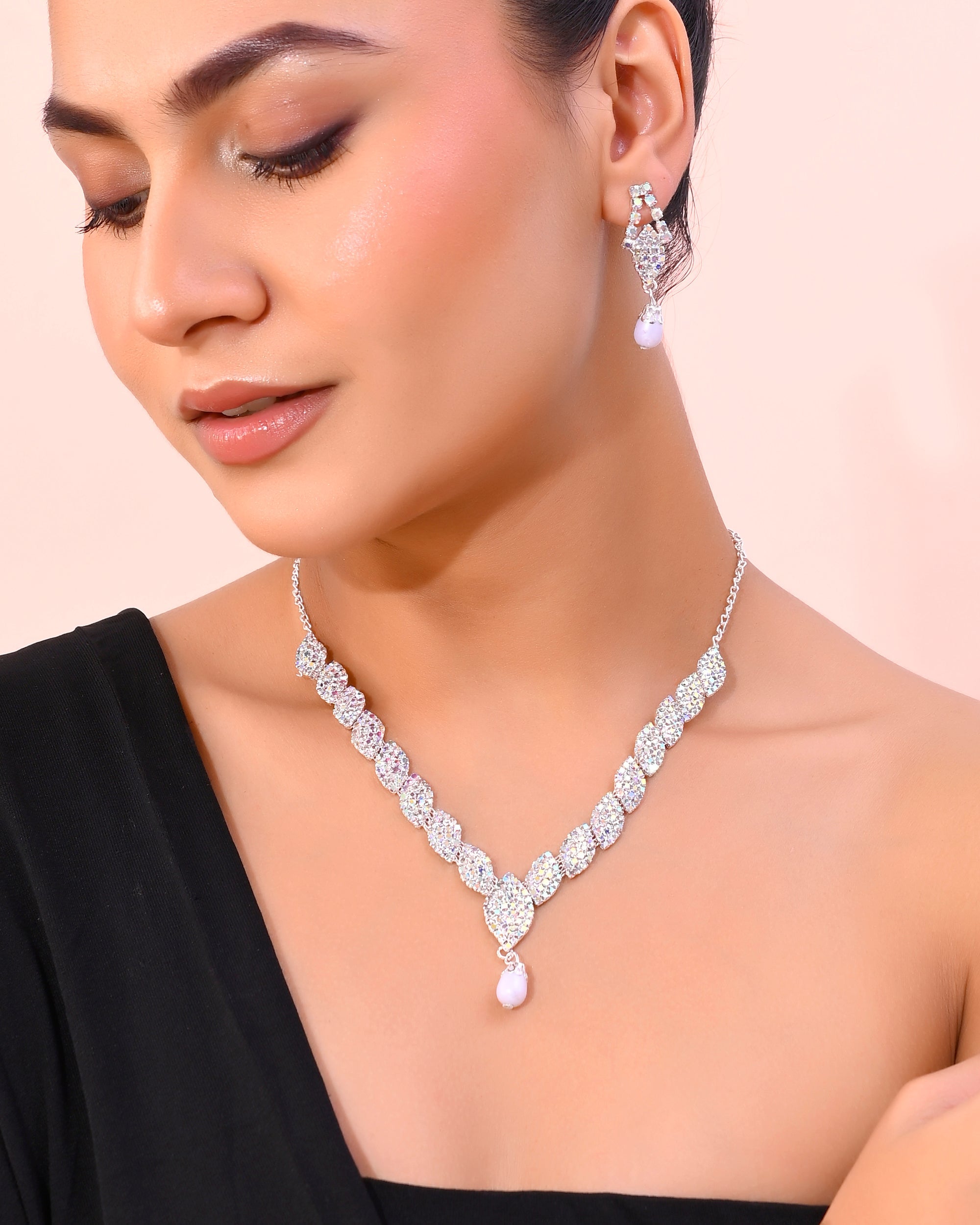 VOJ Silver Plated CZ-Stone Studded With Pearl Jewellery Set