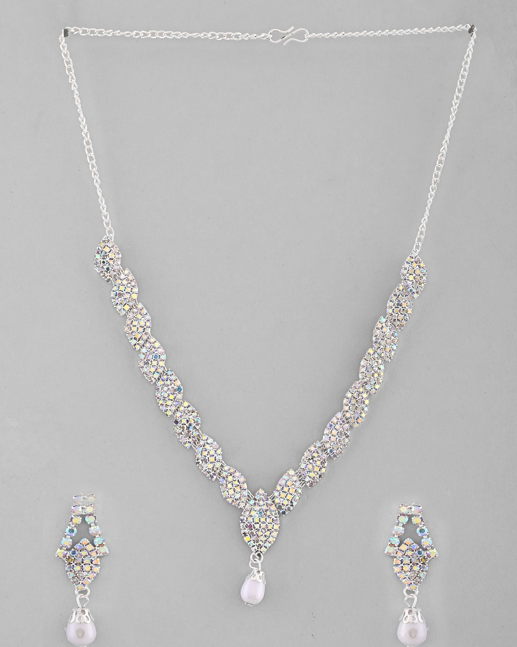 VOJ Silver Plated CZ-Stone Studded With Pearl Jewellery Set