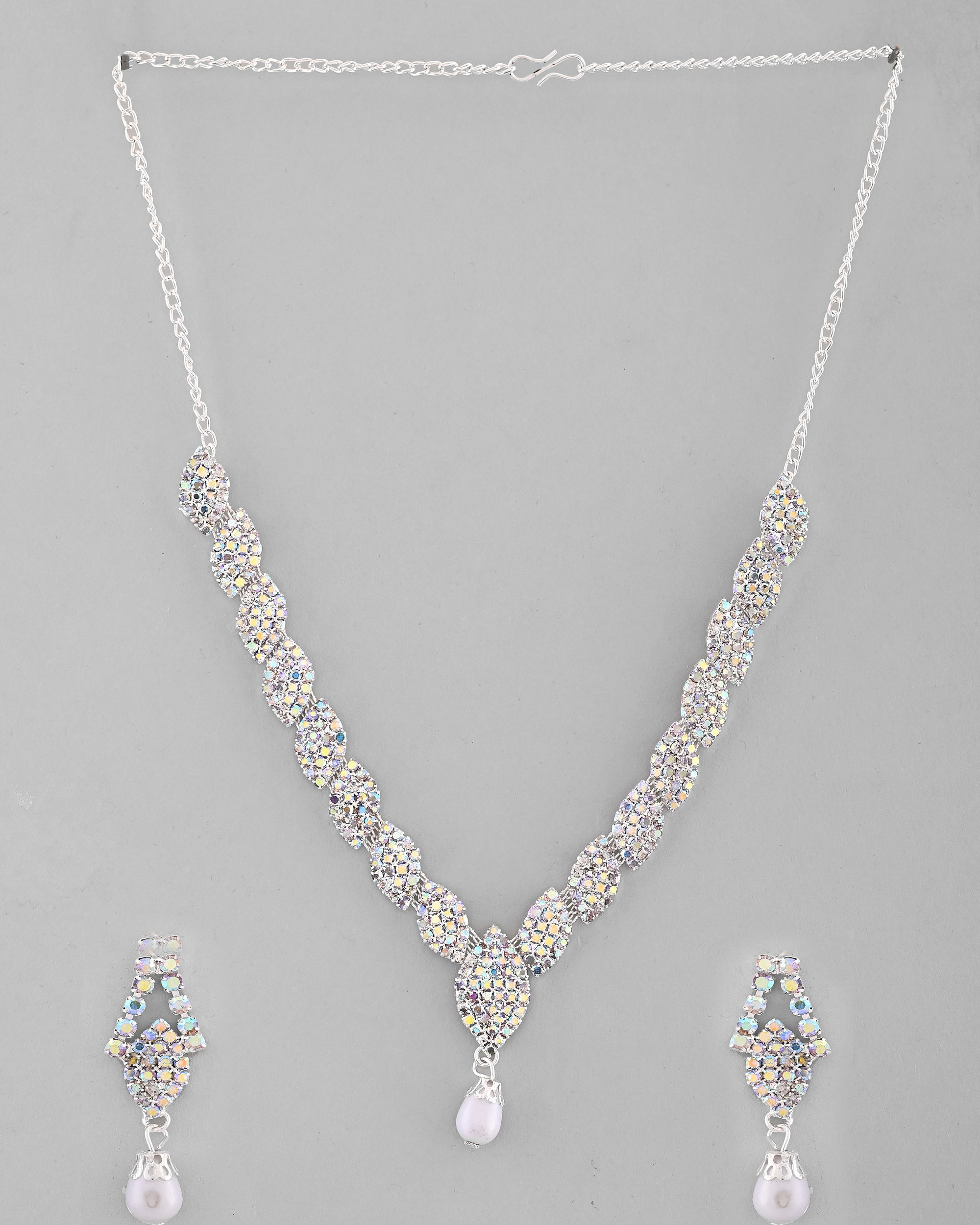 VOJ Silver Plated CZ-Stone Studded With Pearl Jewellery Set