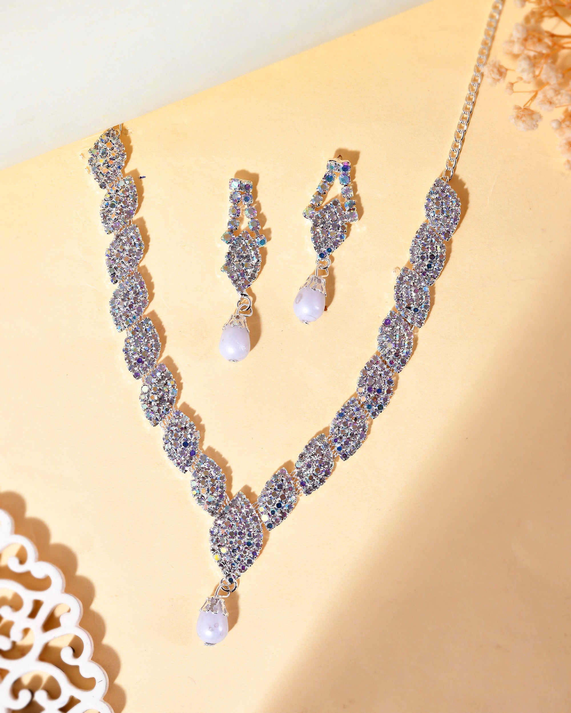 VOJ Silver Plated CZ-Stone Studded With Pearl Jewellery Set
