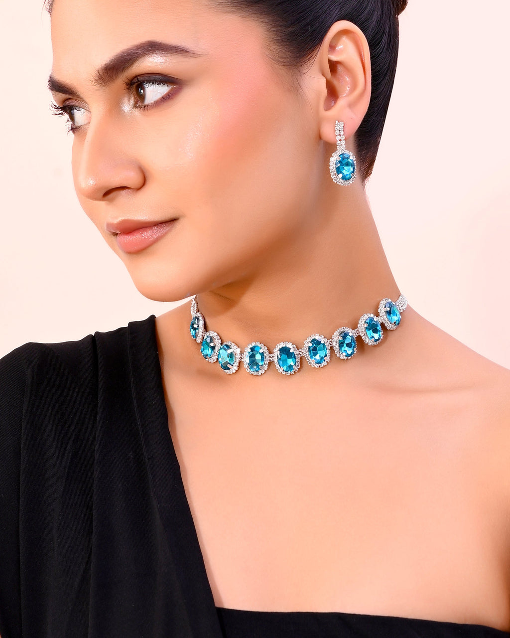 VOJ Silver Plated AD-Stone Studded With Blue Stone Choker Set
