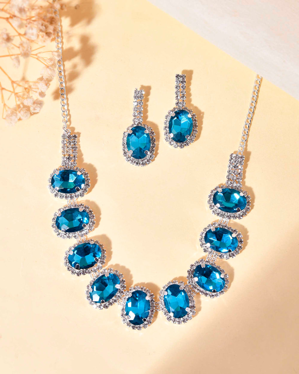 VOJ Silver Plated AD-Stone Studded With Blue Stone Choker Set