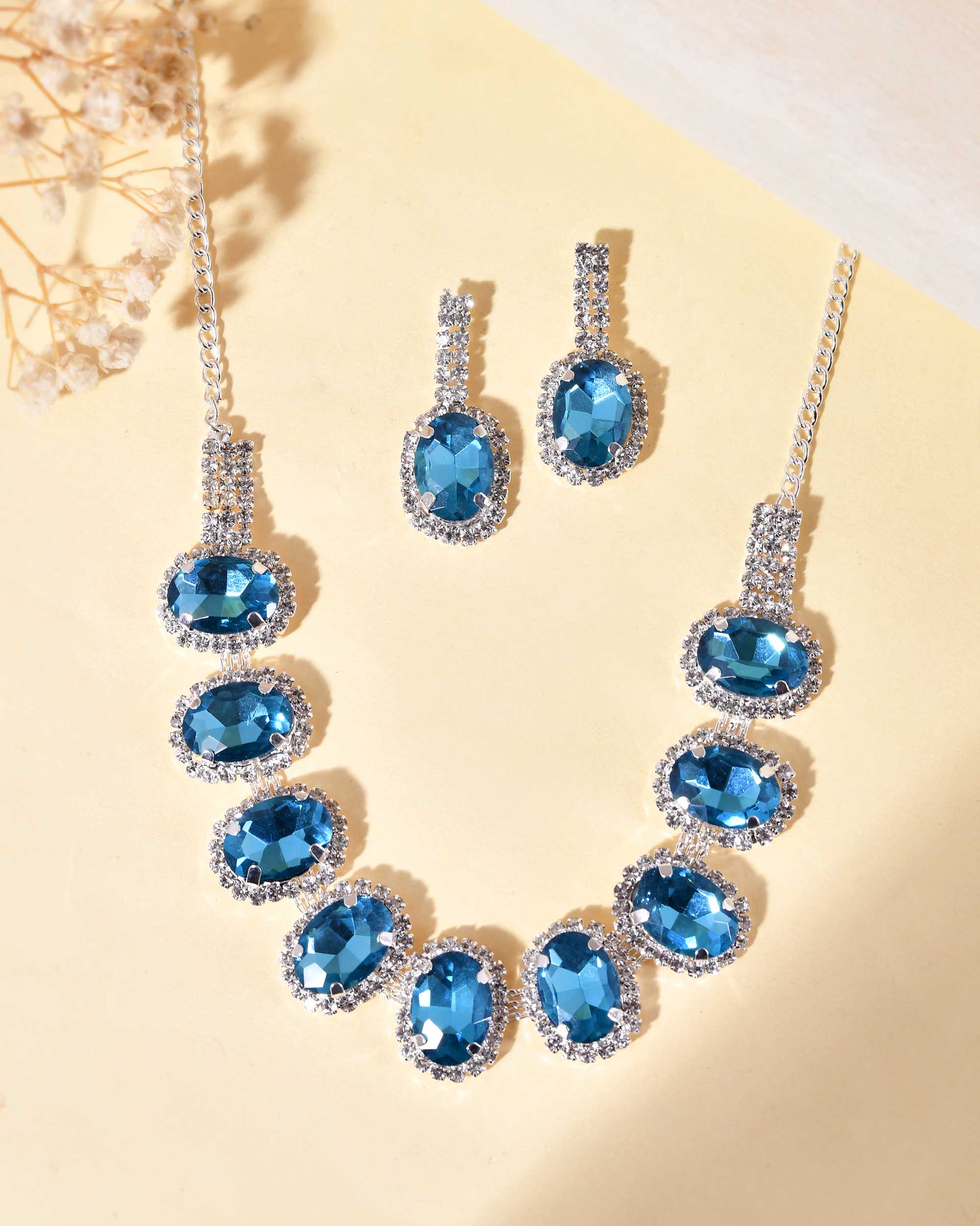 VOJ Silver Plated AD-Stone Studded With Blue Stone Choker Set