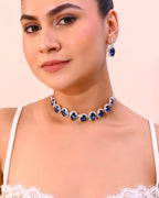 VOJ Silver Plated AD-Stone Studded With Dark Blue Stone Choker Set