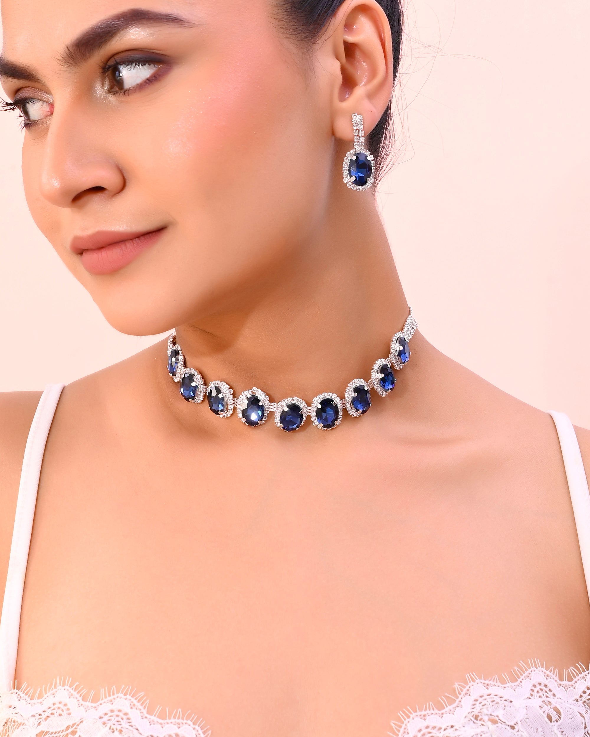 VOJ Silver Plated AD-Stone Studded With Dark Blue Stone Choker Set