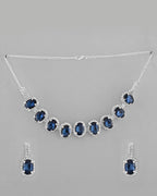 VOJ Silver Plated AD-Stone Studded With Dark Blue Stone Choker Set