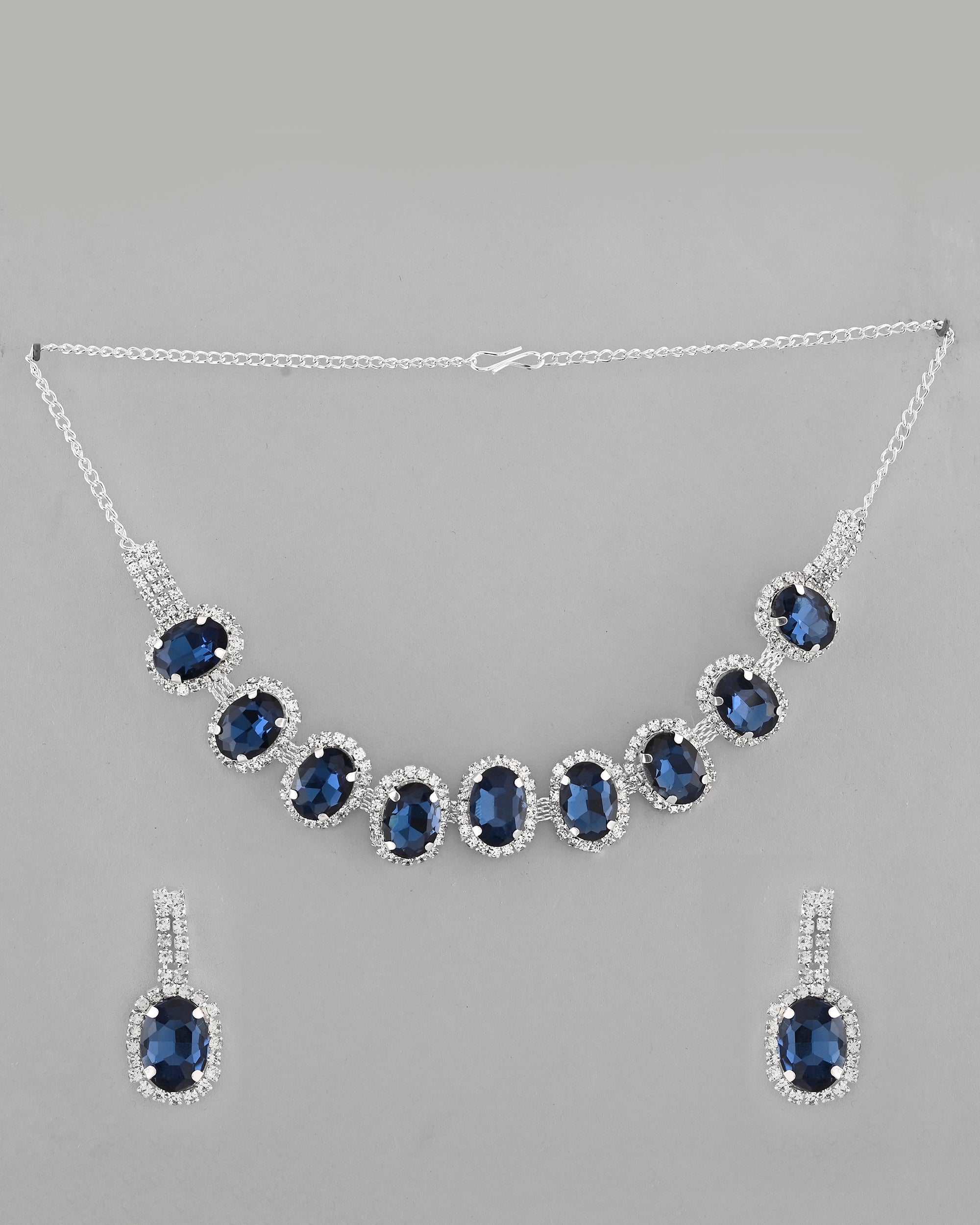 VOJ Silver Plated AD-Stone Studded With Dark Blue Stone Choker Set
