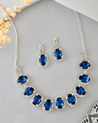 VOJ Silver Plated AD-Stone Studded With Dark Blue Stone Choker Set