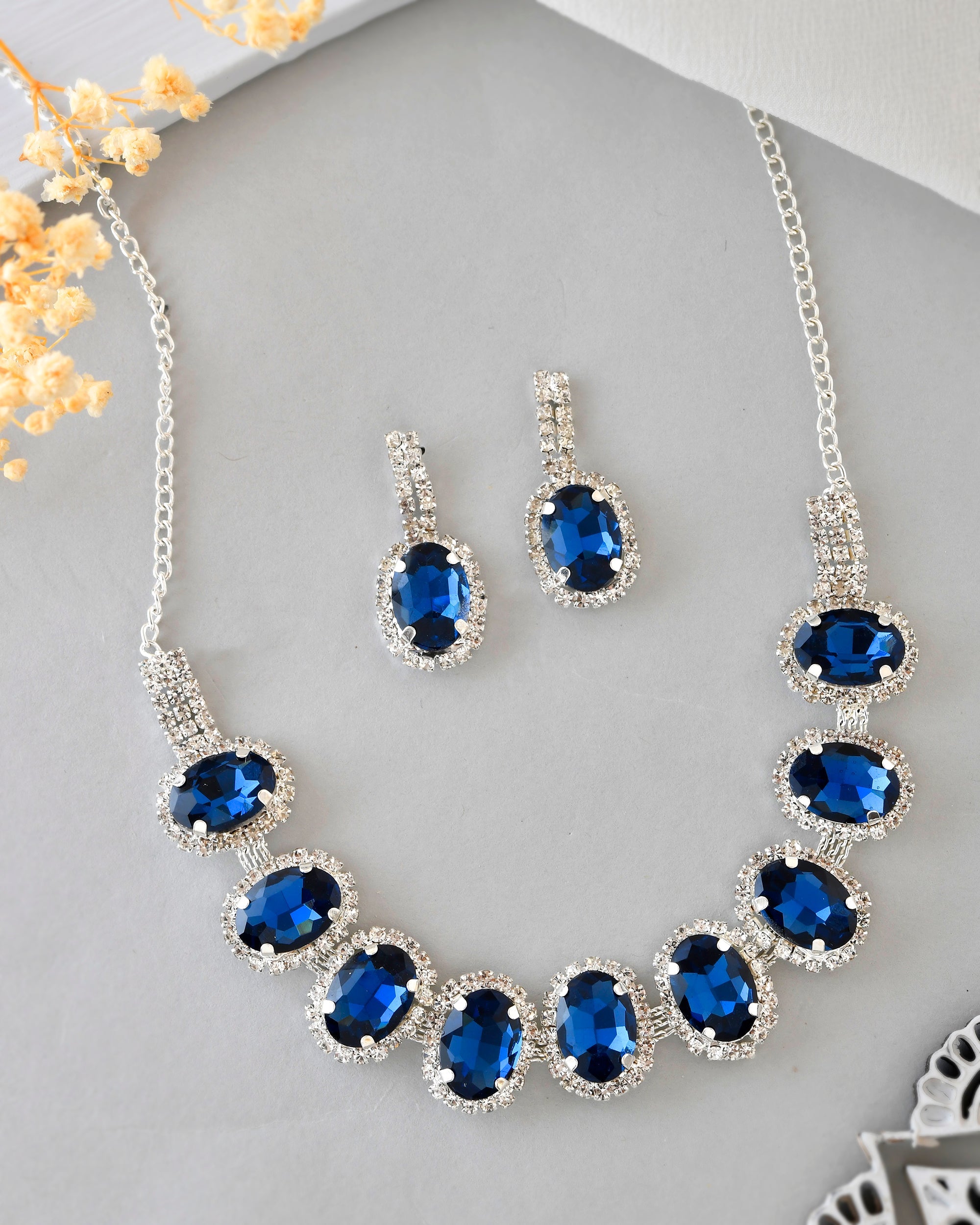VOJ Silver Plated AD-Stone Studded With Dark Blue Stone Choker Set