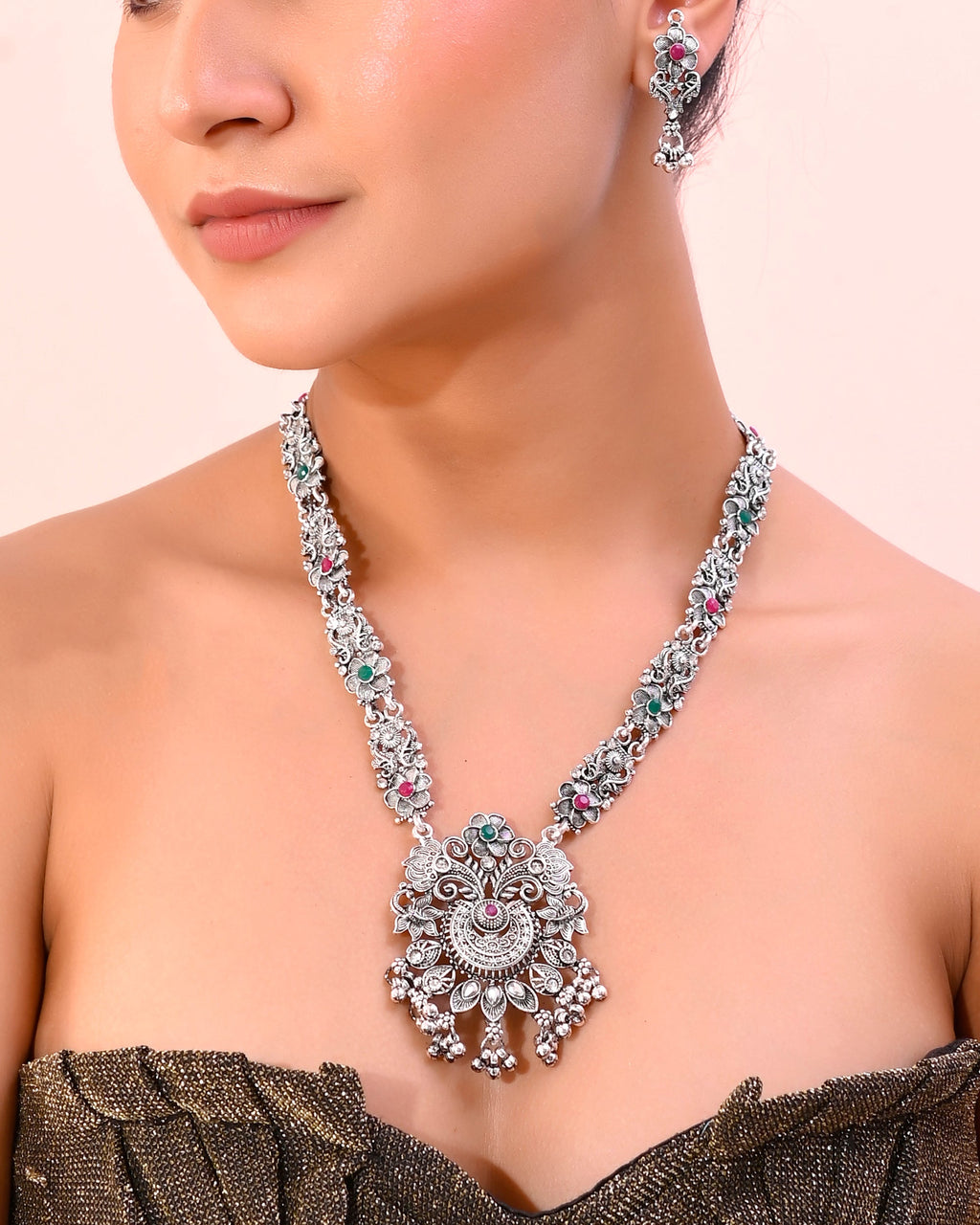 VOJ Silver Plated Stone Studded Oxidized Long Necklace And Earrings