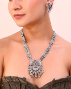 VOJ Silver Plated Stone Studded Oxidized Long Necklace And Earrings