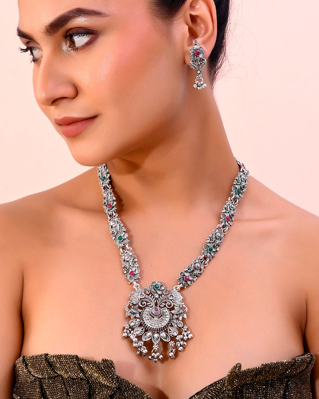 VOJ Silver Plated Stone Studded Oxidized Long Necklace And Earrings