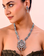 VOJ Silver Plated Stone Studded Oxidized Long Necklace And Earrings