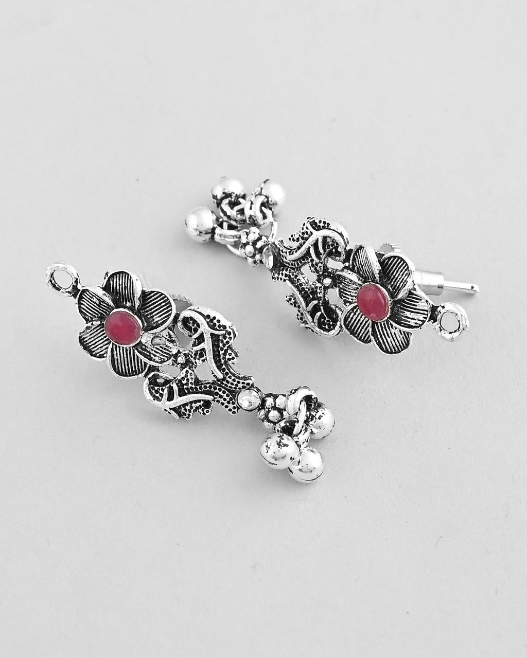 VOJ Silver Plated Stone Studded Oxidized Long Necklace And Earrings