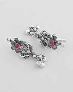 VOJ Silver Plated Stone Studded Oxidized Long Necklace And Earrings