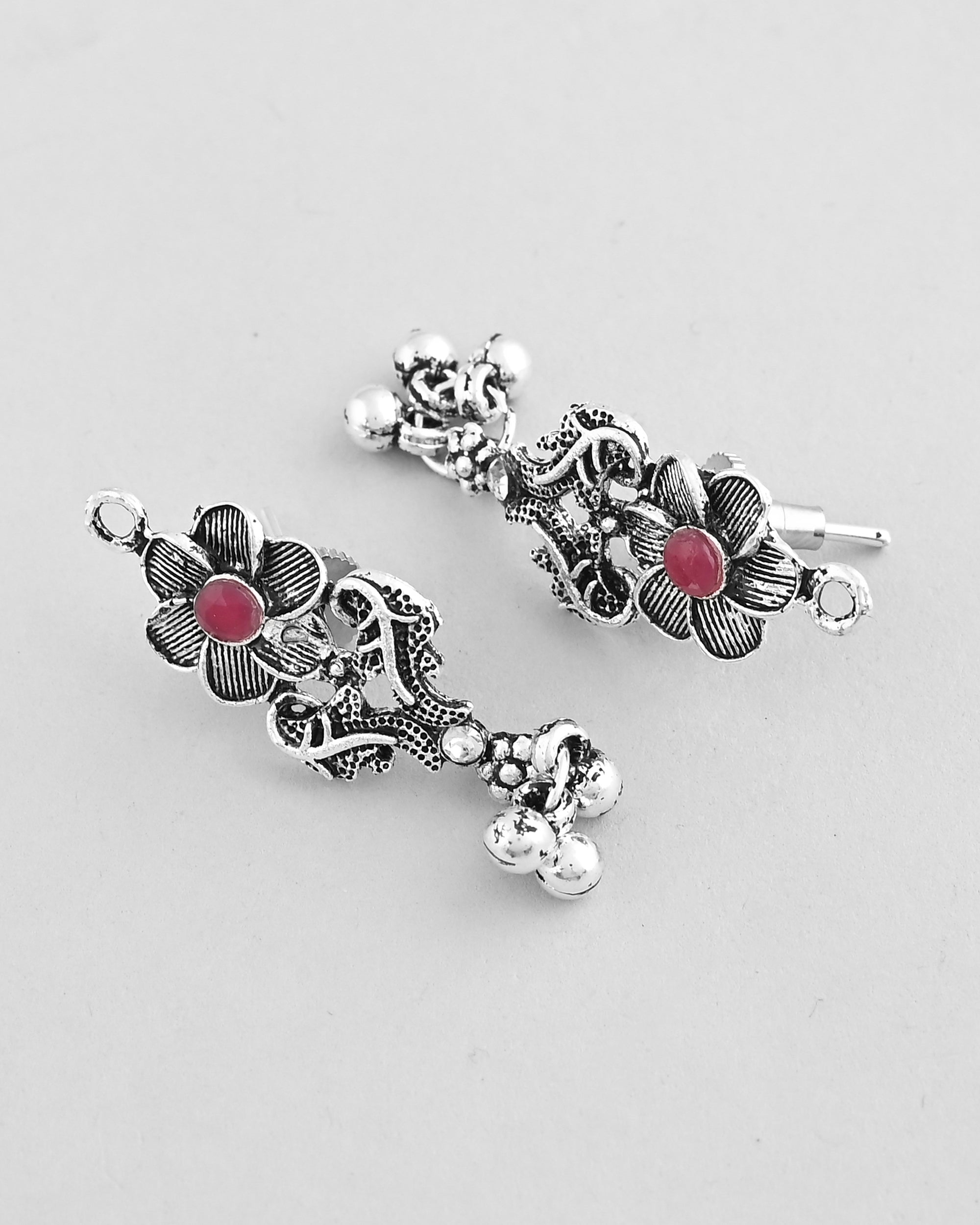 VOJ Silver Plated Stone Studded Oxidized Long Necklace And Earrings
