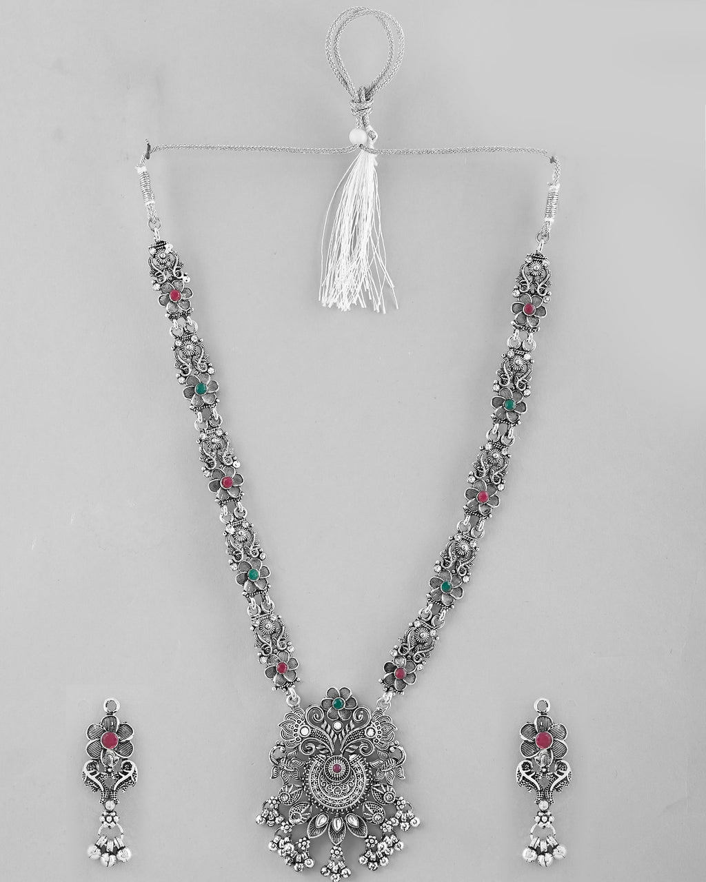 VOJ Silver Plated Stone Studded Oxidized Long Necklace And Earrings