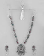 VOJ Silver Plated Stone Studded Oxidized Long Necklace And Earrings