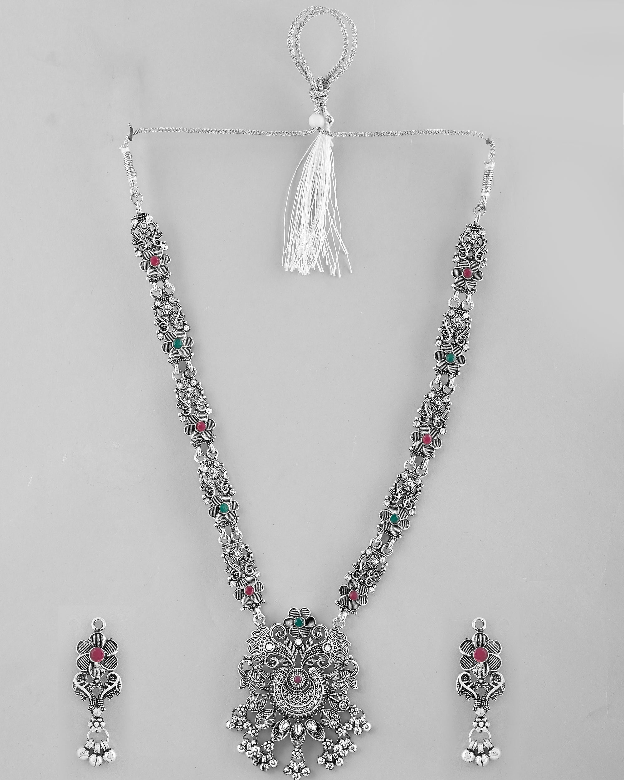 VOJ Silver Plated Stone Studded Oxidized Long Necklace And Earrings