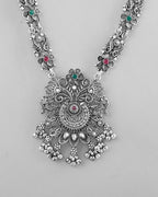 VOJ Silver Plated Stone Studded Oxidized Long Necklace And Earrings