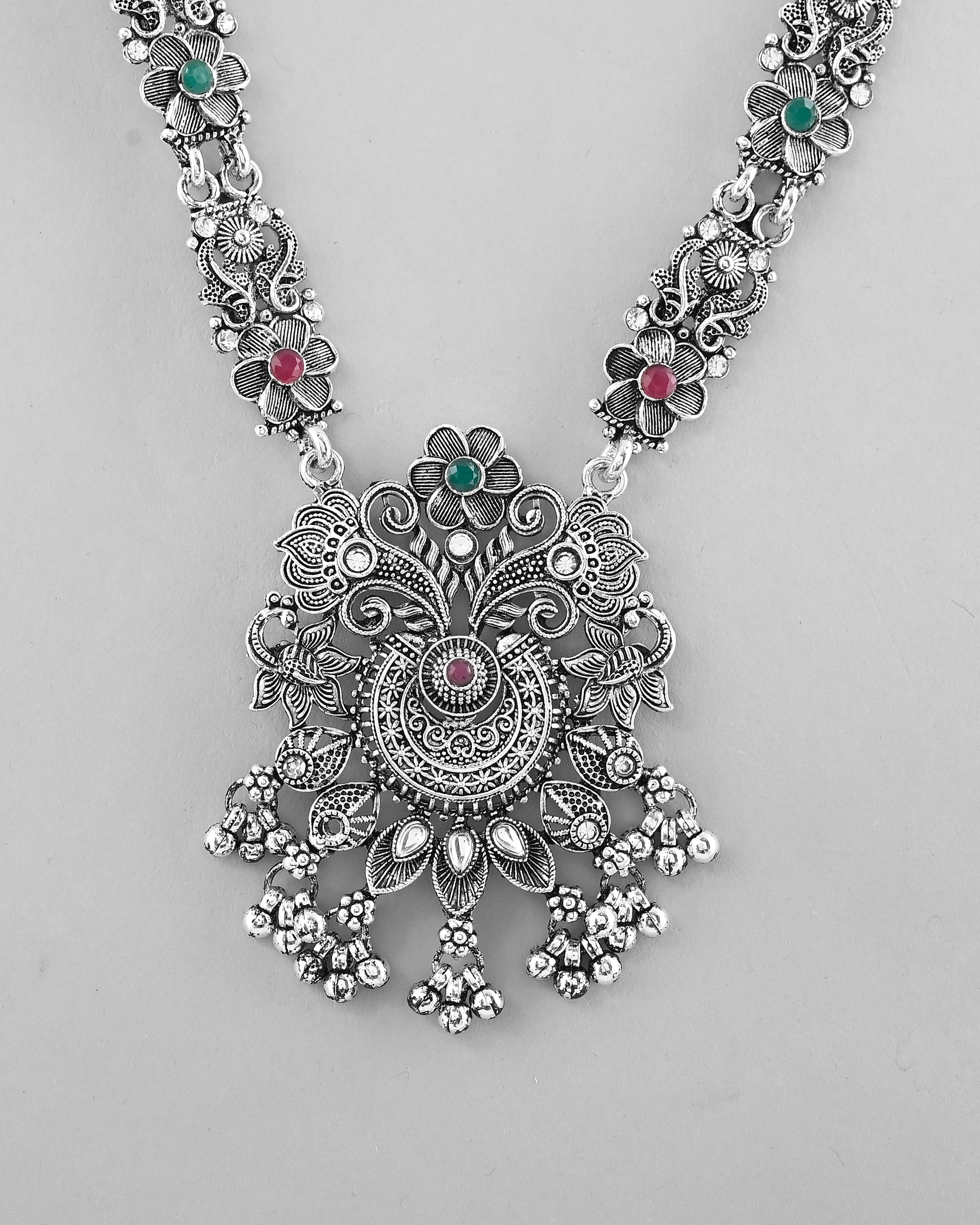 VOJ Silver Plated Stone Studded Oxidized Long Necklace And Earrings