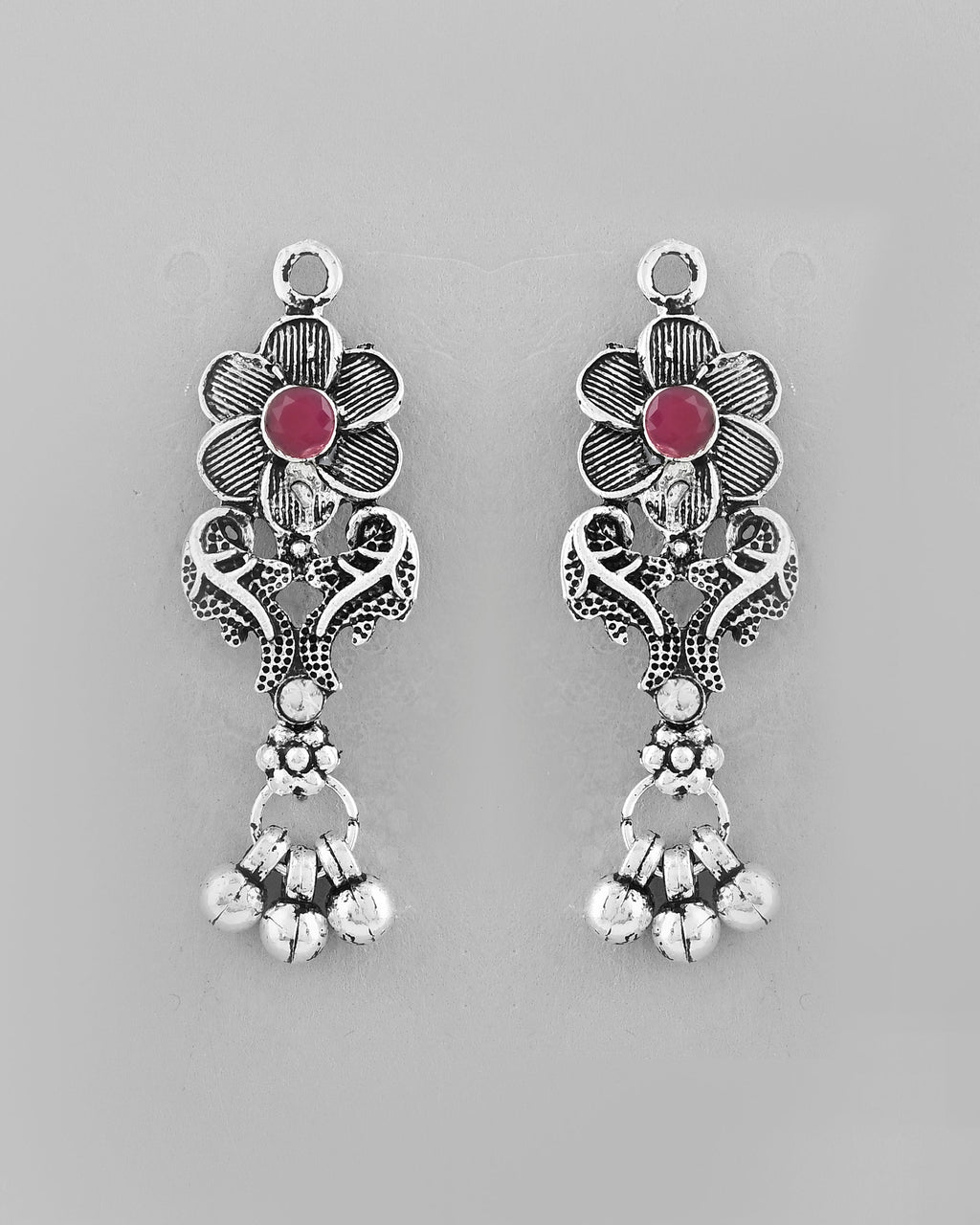 VOJ Silver Plated Stone Studded Oxidized Long Necklace And Earrings