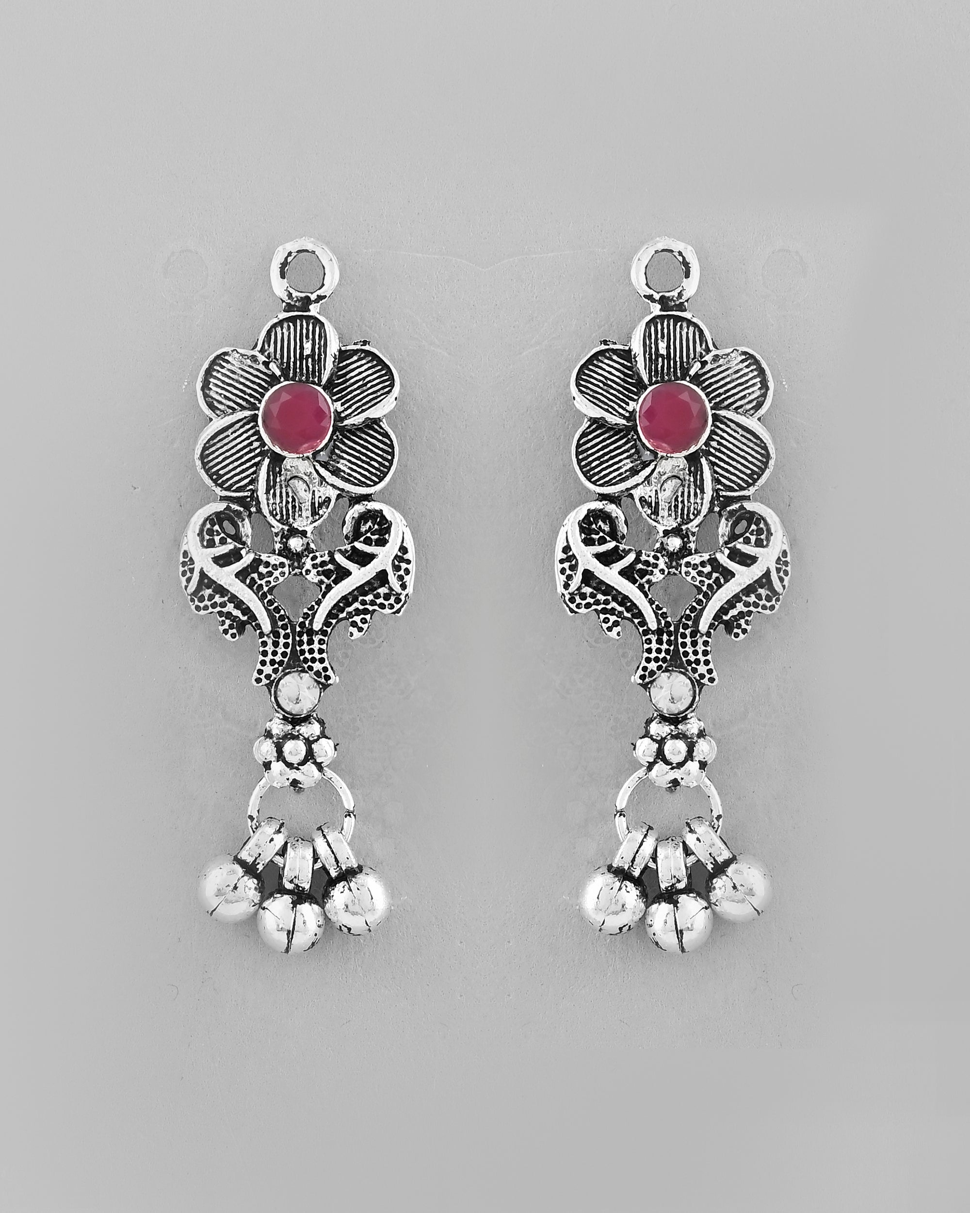 VOJ Silver Plated Stone Studded Oxidized Long Necklace And Earrings