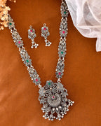 VOJ Silver Plated Stone Studded Oxidized Long Necklace And Earrings