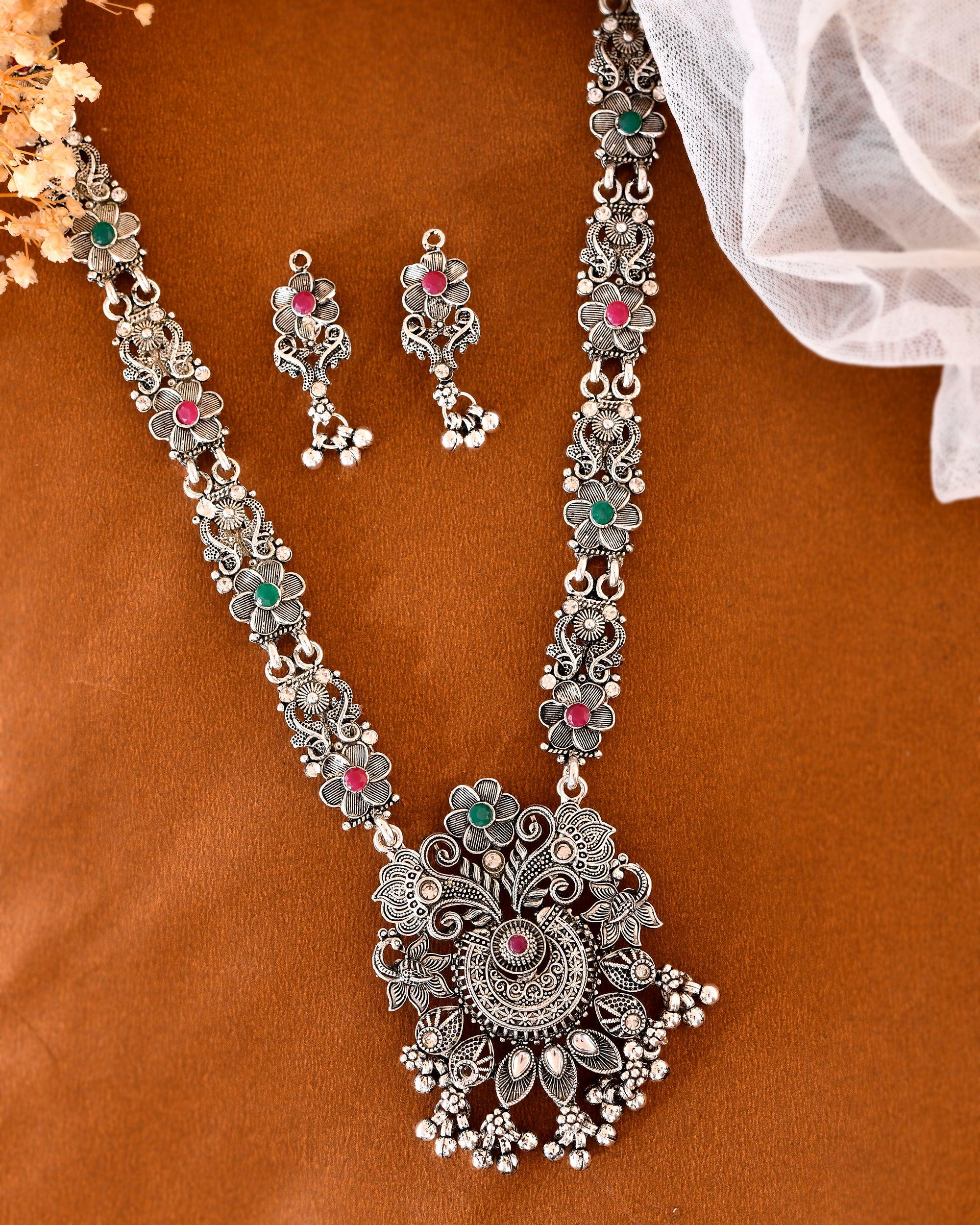 VOJ Silver Plated Stone Studded Oxidized Long Necklace And Earrings