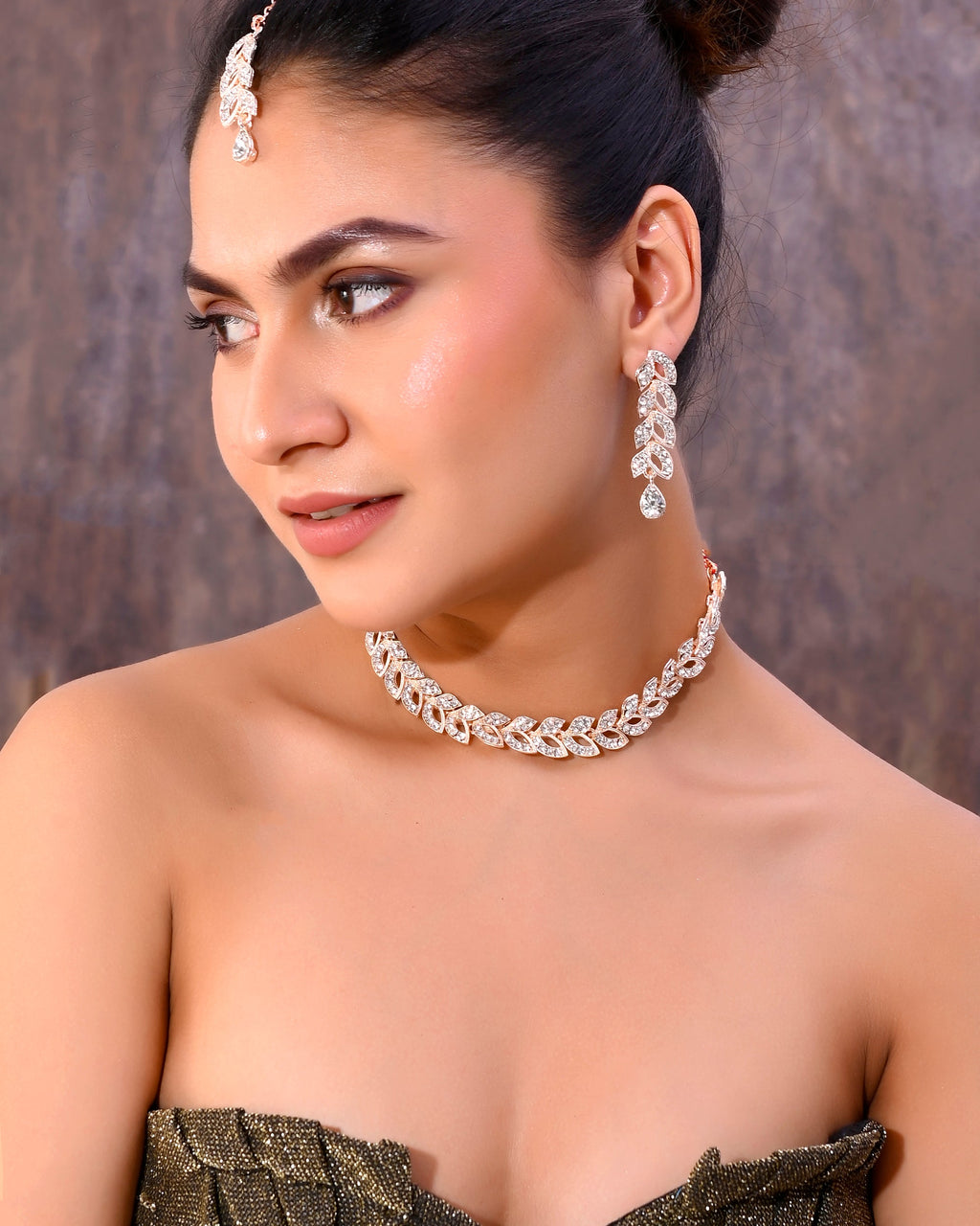 VOJ Gold-Polished CZ-Studded Jewellery Set With Mangtikka