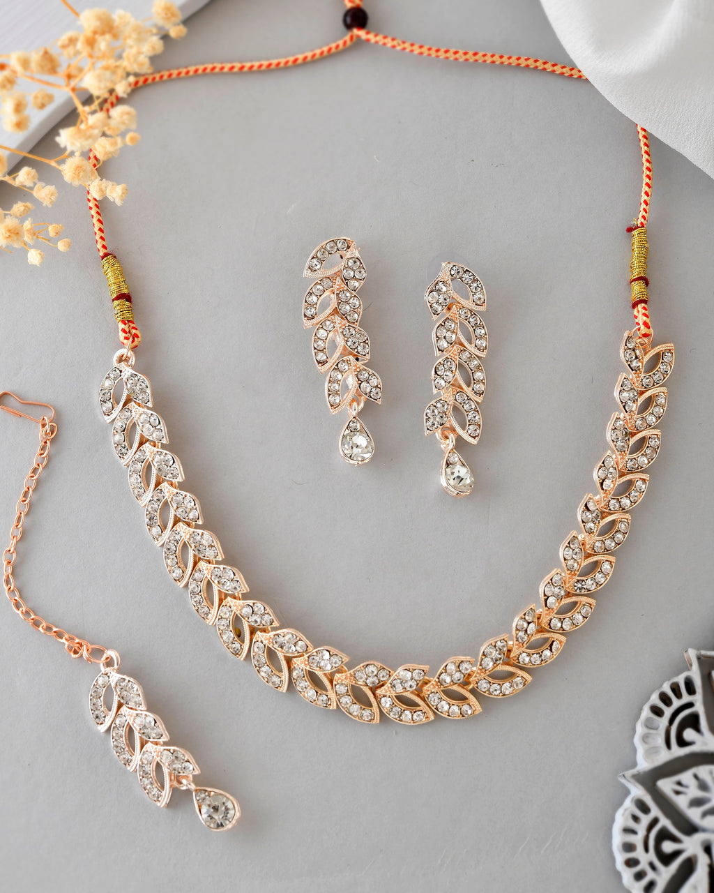 VOJ Gold-Polished CZ-Studded Jewellery Set With Mangtikka