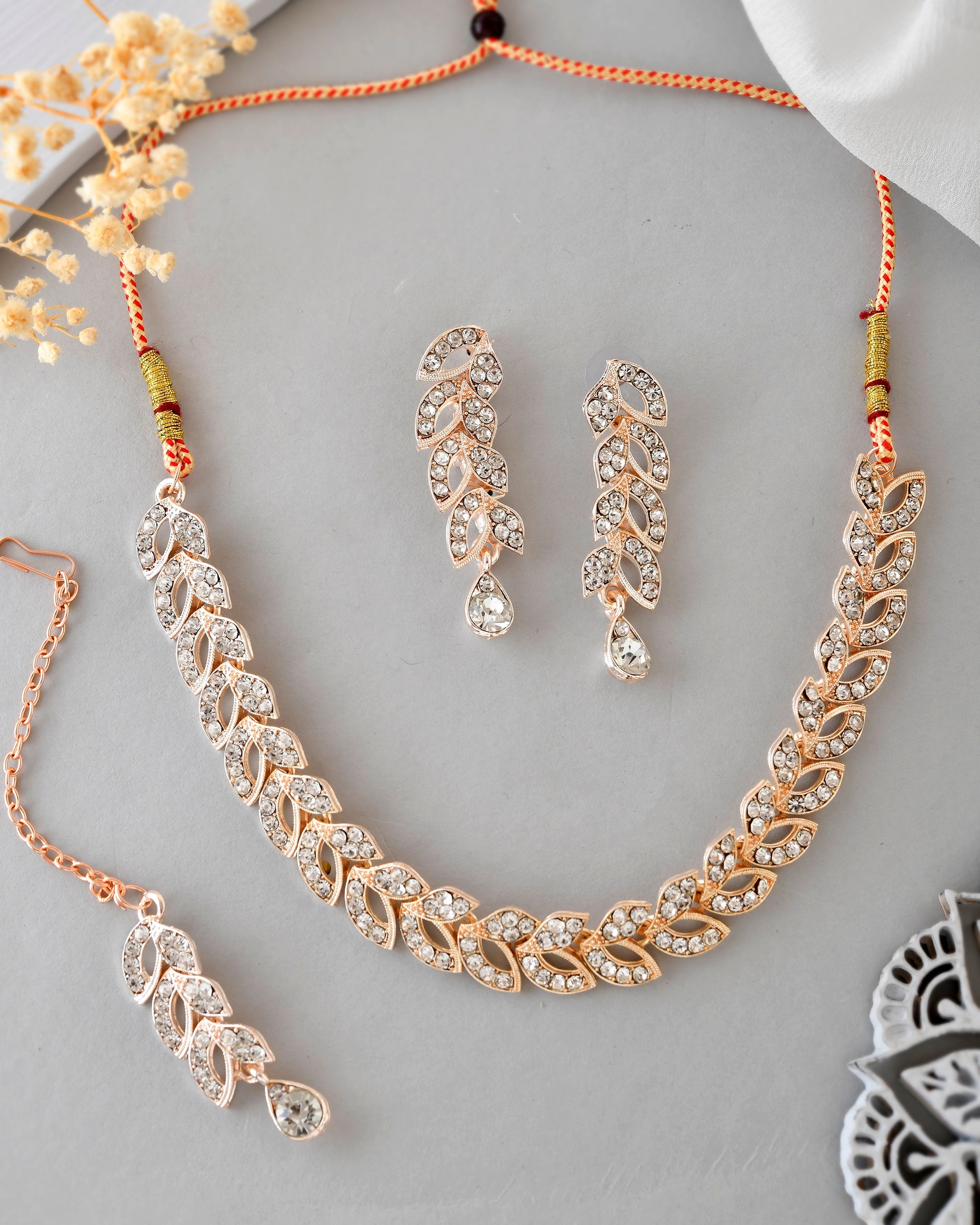 VOJ Gold-Polished CZ-Studded Jewellery Set With Mangtikka