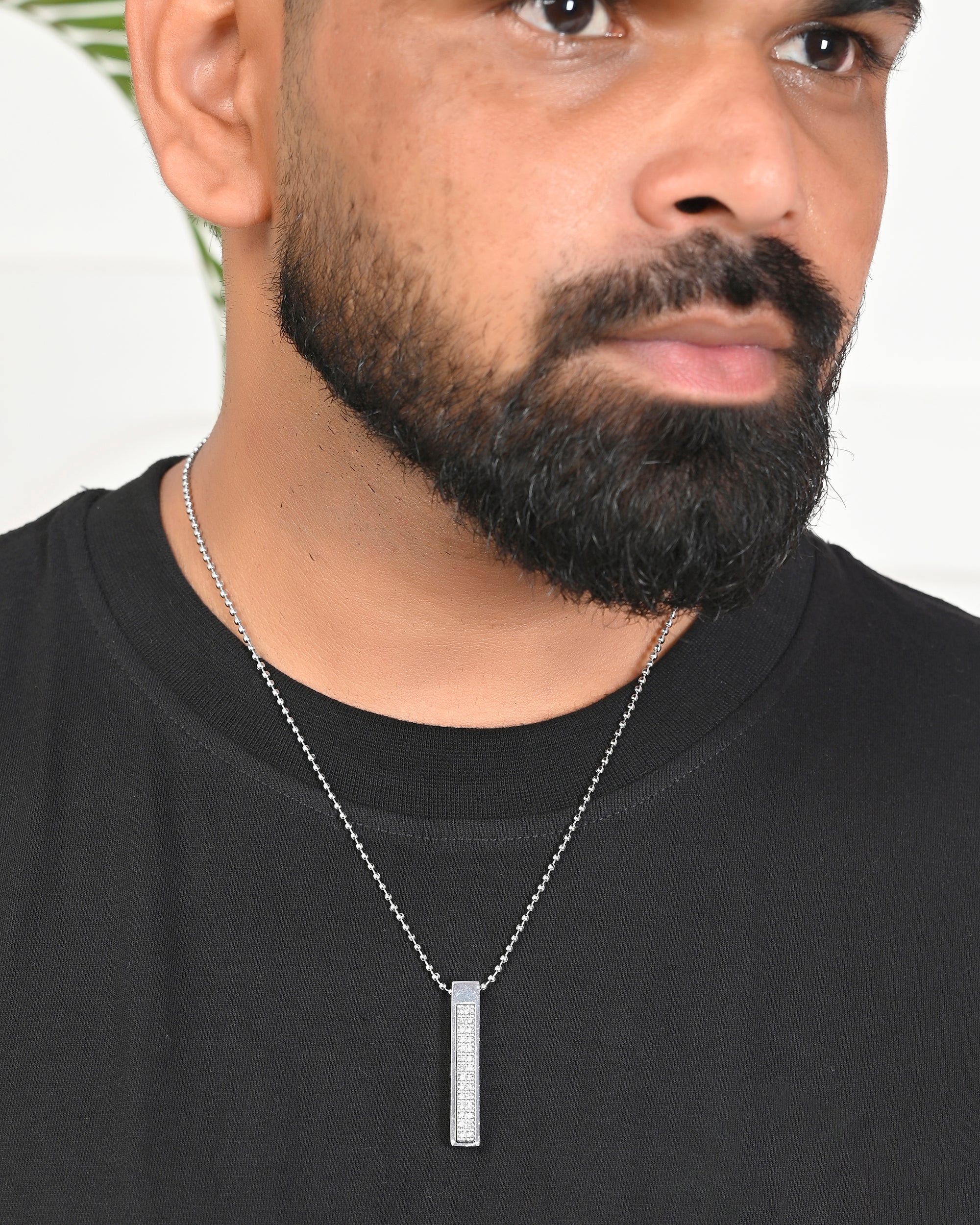 VOJ Silver Plated Men Chain With Rectangular Shaped AD Stone Studded Pendent