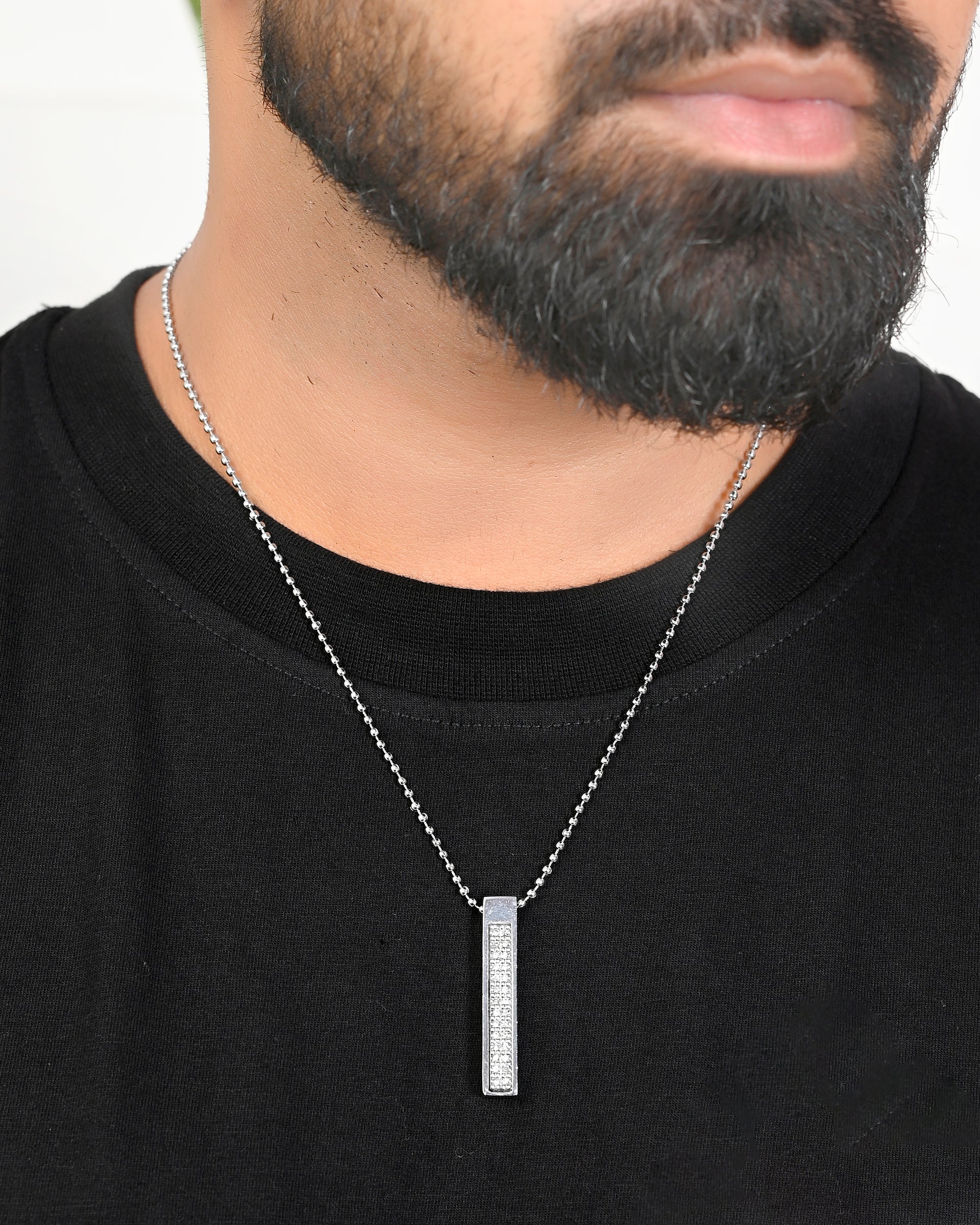 VOJ Silver Plated Men Chain With Rectangular Shaped AD Stone Studded Pendent