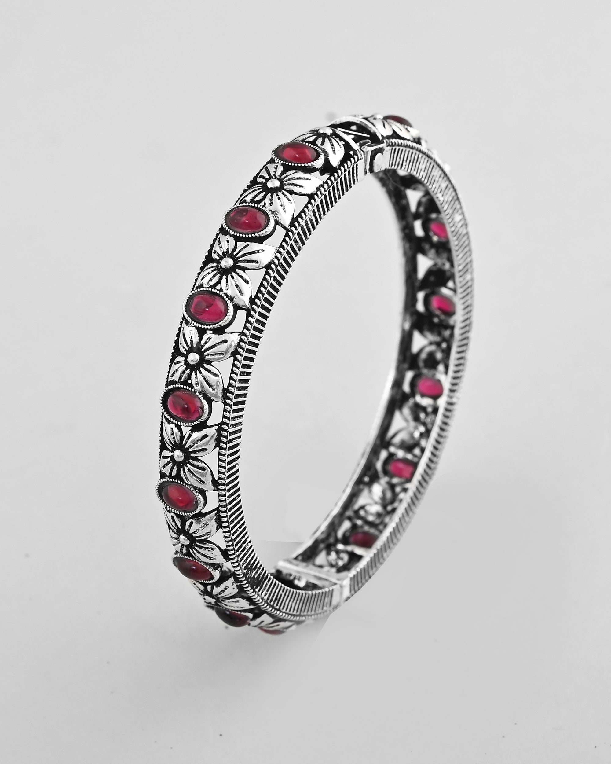 VOJ Rhodium Plated Red Stone Studded Kada Bracelet - Distacart