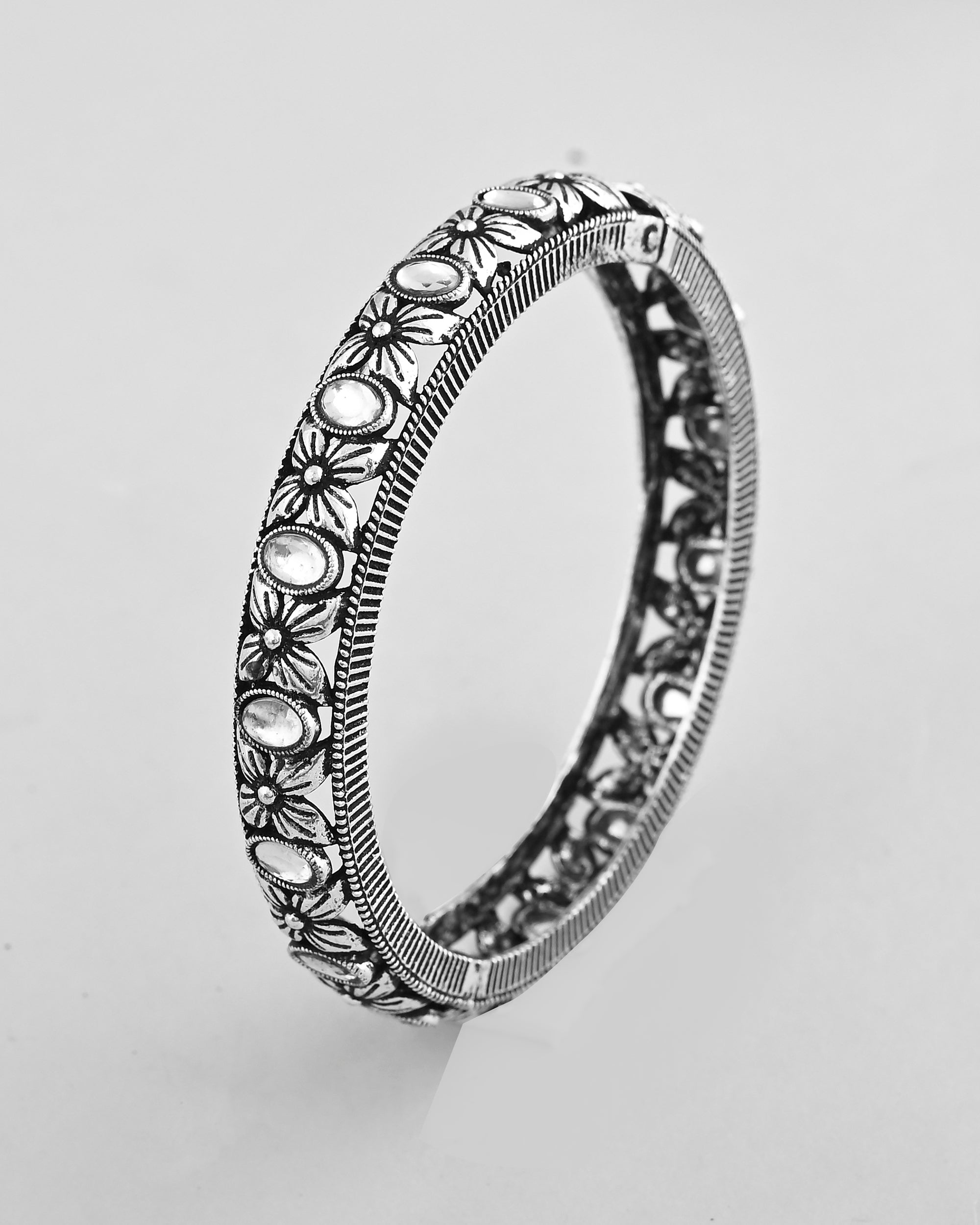 VOJ Rhodium Plated White Stone Studded Kada Bracelet - Distacart