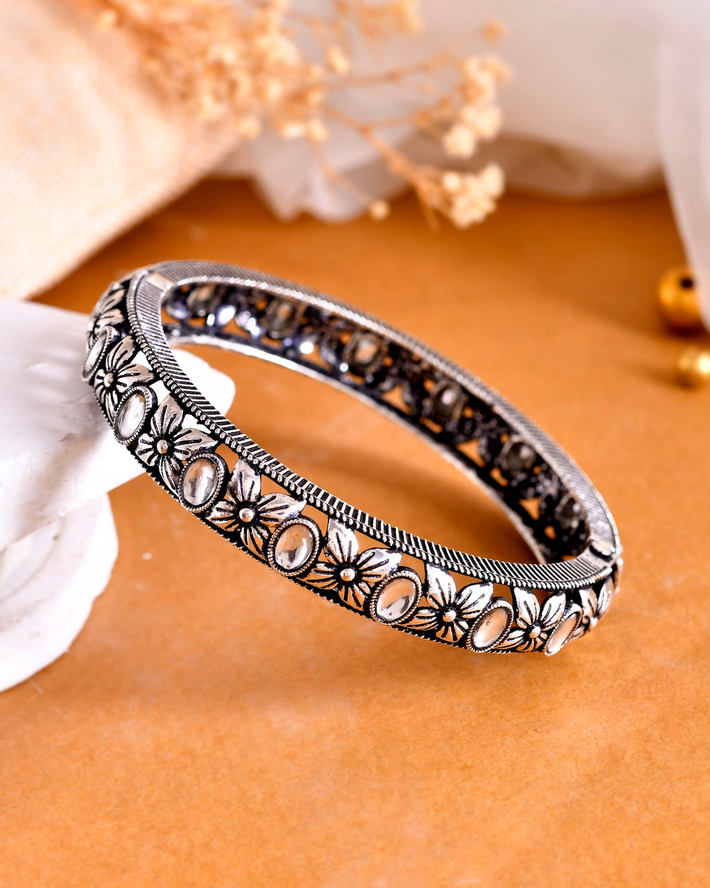 VOJ Rhodium Plated White Stone Studded Kada Bracelet - Distacart