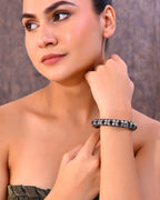 VOJ Rhodium Plated Black Stone Studded Kada Bracelet - Distacart