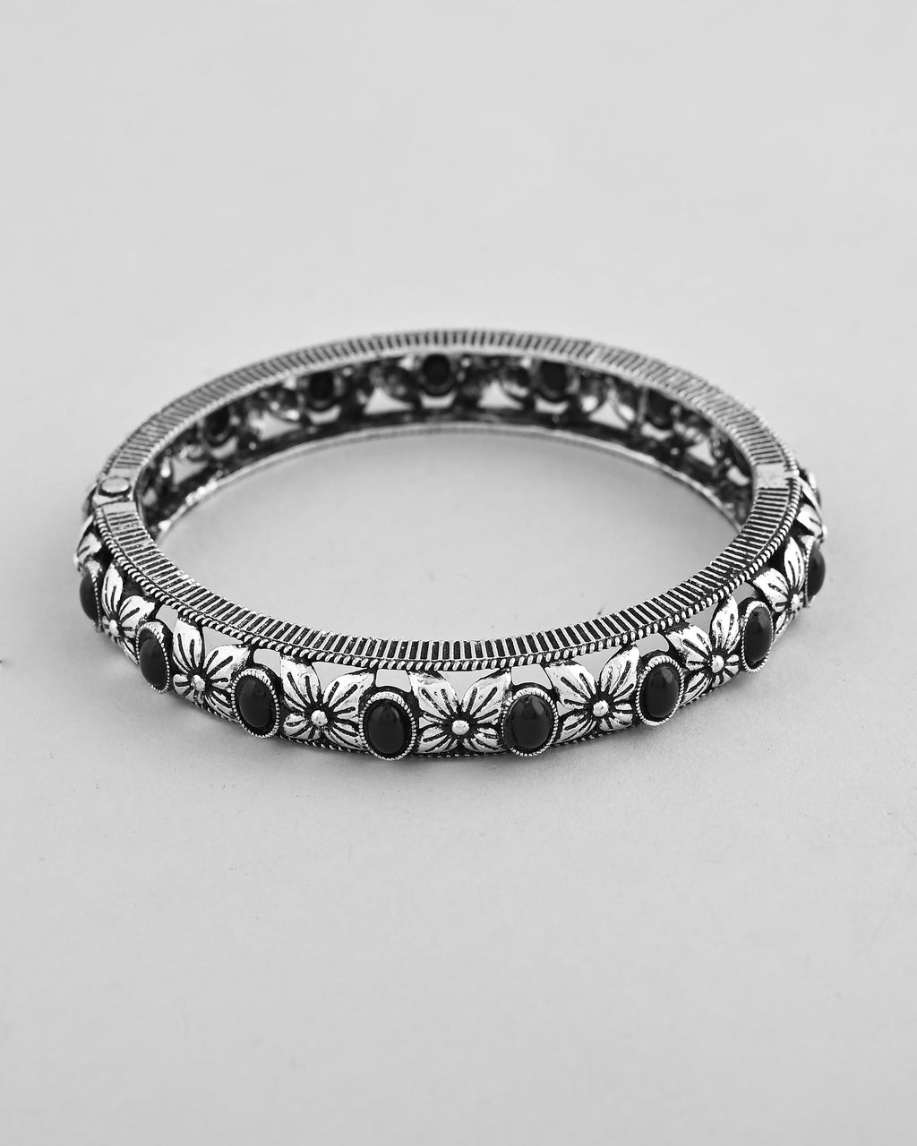 VOJ Rhodium Plated Black Stone Studded Kada Bracelet - Distacart