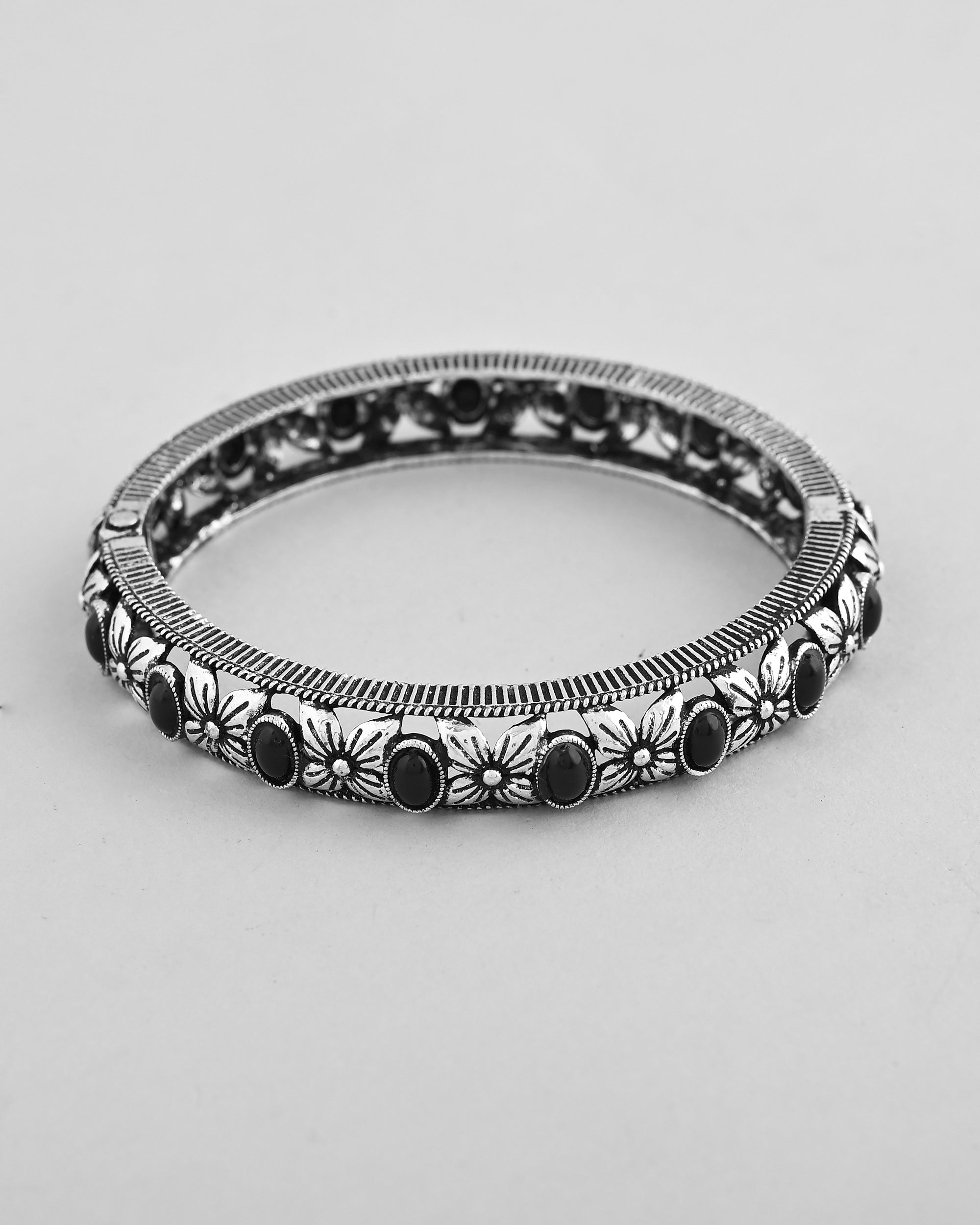 VOJ Rhodium Plated Black Stone Studded Kada Bracelet - Distacart