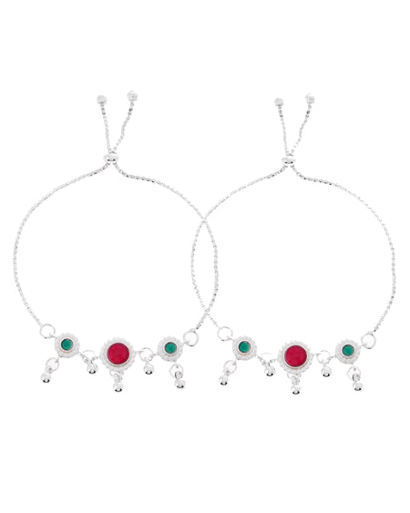 VOJ Set of 2 Silver-Plated Artificial Stones And Beads Anklet