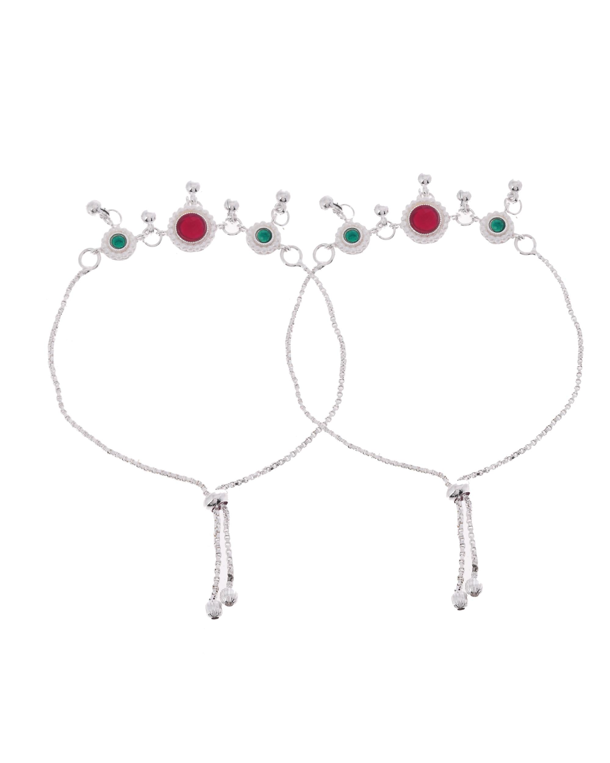 VOJ Set of 2 Silver-Plated Artificial Stones And Beads Anklet - Distacart
