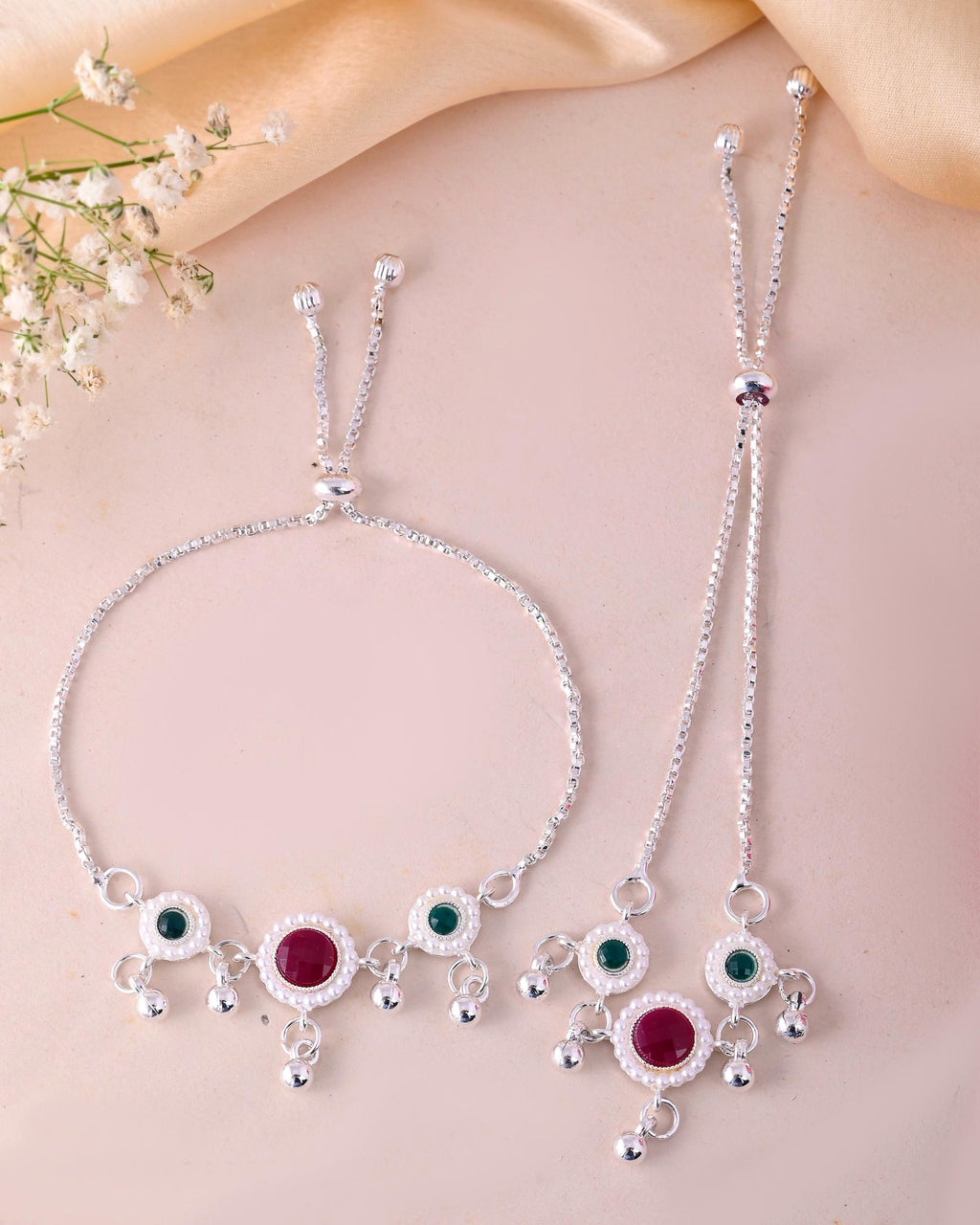 VOJ Set of 2 Silver-Plated Artificial Stones And Beads Anklet - Distacart